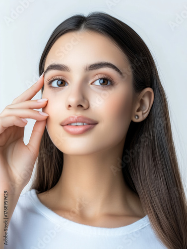 Woman Carefully Positioning Her Tiny Hearing Aid