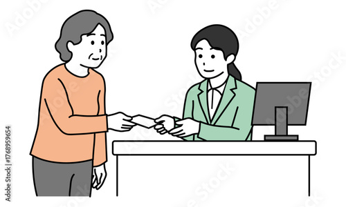 受付で診察券を渡す高齢女性と対応するスタッフのイラスト