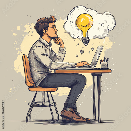 Business Man Daydreaming at Laptop, Creative Idea Thinking Concept, Hand drawn style vector design illustrations.   , vector style simple color