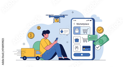 Online Shop App Vector – Online Shopping and E-Commerce Platform Illustration E-Commerce Vector – Digital Marketplace and Mobile Shopping Design