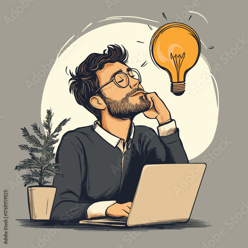 Business Man Daydreaming at Laptop, Creative Idea Thinking Concept, Hand drawn style vector design illustrations.   , vector style simple color