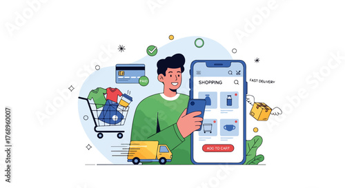 Marketplace App Vector – Online Shopping and E-Commerce Platform Illustration E-Commerce Vector – Digital Marketplace and Mobile Shopping Design