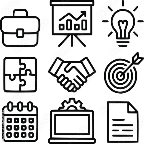 Business Management Outline Icon Collection  Strategy, Analytics, Growth, and Office Elements