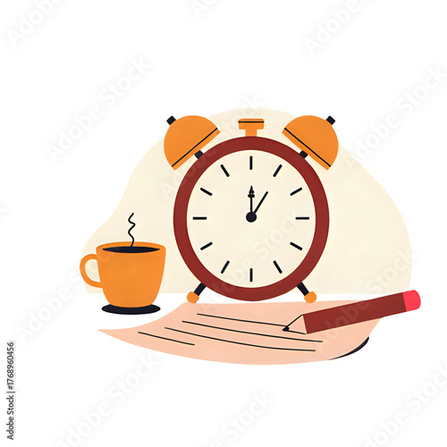 A clock, a cup of coffee, a pencil, and a piece of paper isolated on white background, representing time management, productivity, and deadlines