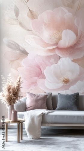 Close up view of a floral pastel mural with sofa and pillows