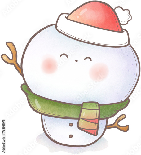 The cute snowman wearing the santa hat and 
winter scarf.