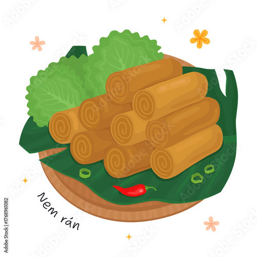 Vietnamese Crispy Spring Rolls (Nem ran), deep fried rolls on a straw tray. Vietnamese traditional dish, asian cuisine, illustration on white background.