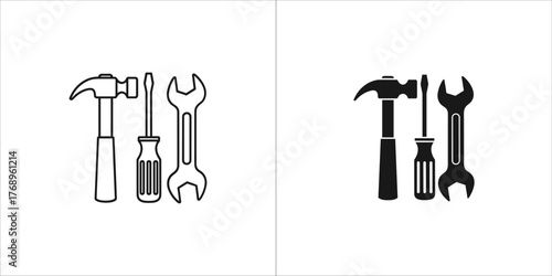 Illustration of a hammer, screwdriver, and wrench in black and white