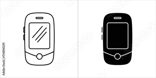 Two versions of a classic mobile phone icon, one in black outline and one in solid black