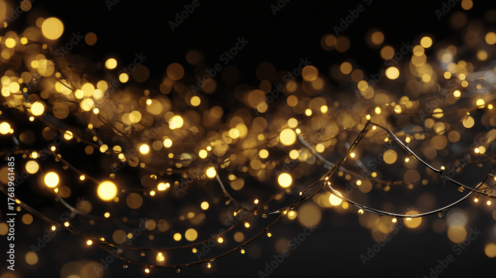 Obraz premium Glowing golden lights in a dark space, creating a festive atmosphere. The lights form an elegant, flowing design, with a blurred effect adding depth