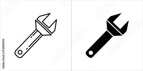 Outline and glyph icon of a wrench for repair, maintenance, and construction