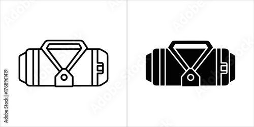 Outline and glyph icon of a duffel bag for travel, sport, and storage