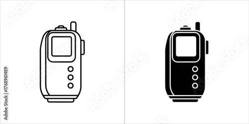 Two versions of a walkie talkie device, one in outline and one in solid black