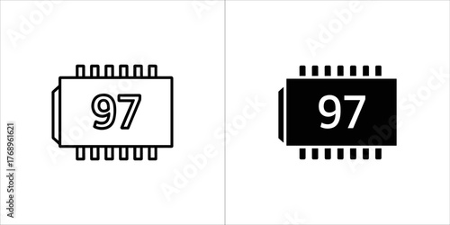 Illustration of a microchip with the number 97, presented in both outline and solid black versions
