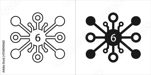 Number six icon in line and glyph design digit 6 with circuit board pattern for technology