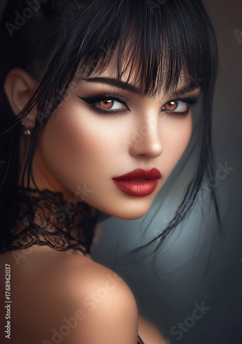 Wallpaper Mural Woman with long black hair and red lipstick. She is wearing a black lace neckline. The image is a digital drawing of a woman Torontodigital.ca