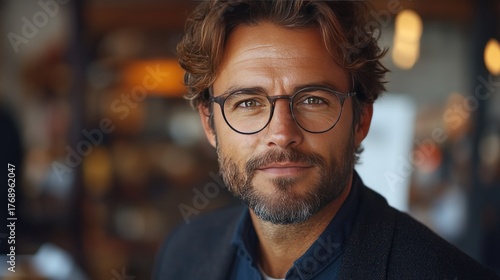 Confident man with glasses and beard in warm indoor setting, stylish casual look with natural light and soft background bokeh created with AI