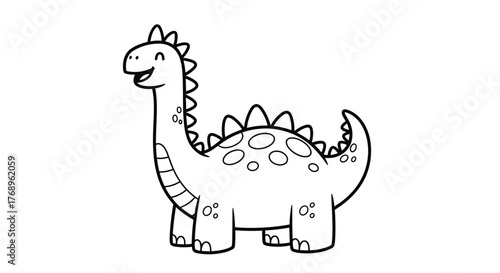 Cute cartoon dinosaur with a long neck and plates on its back smiling and happy.