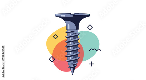 Illustration of a single screw with a flat head against a background of abstract shapes.