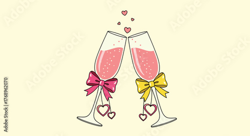 Two champagne glasses clinking together with pink bubbly liquid and heart charms for celebration.