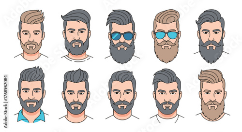 Collection of ten diverse men's hairstyles and beard styles with different facial features.