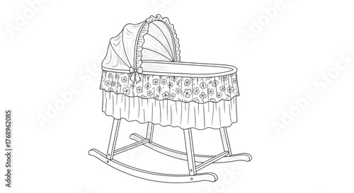 Detailed line drawing of a vintage rocking bassinet with a ruffled canopy and floral trim.
