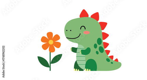 Cute cartoon green dinosaur smelling an orange flower with green leaves and stem.