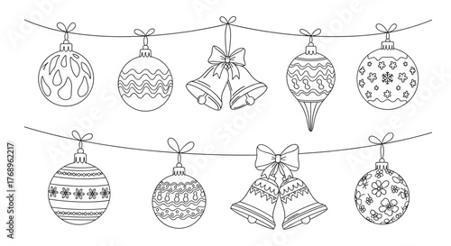 Collection of festive Christmas ornaments and bells hanging on a string.