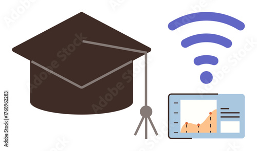 Graduation cap beside wireless signal and data analytics dashboard conveying online learning, e-learning, remote education, digital tools, virtual classrooms. Ideal for technology, study, progress
