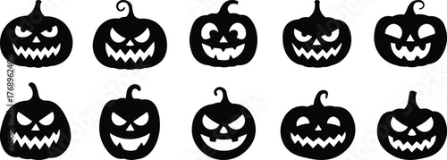 Pumpkin head icons set. black silhouette various shapes. minimal halloween vector design on white background