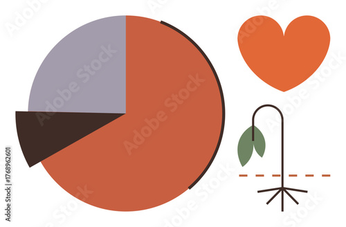 Large pie chart alongside heart and drooping plant with dashed line. Ideal for data analysis, loss, emotional impact, decline, sustainability, environmental issues, simple flat metaphor