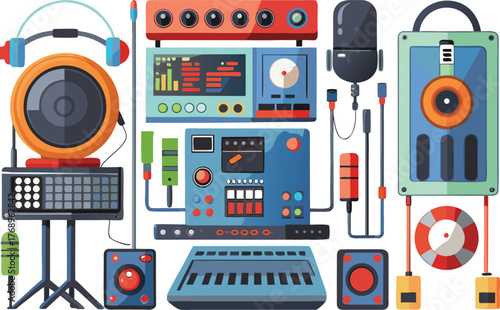 Vibrant collection of retro audio equipment and sound studio gear creates a dynamic visual for music production and broadcasting concepts