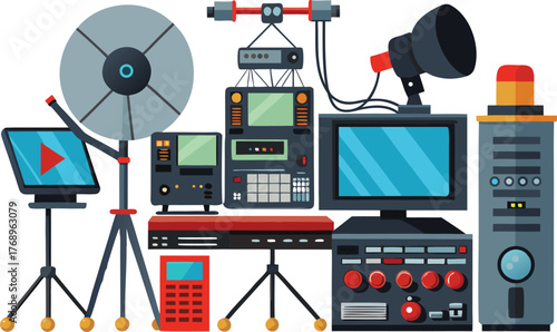 Professional broadcast equipment collection including monitor, satellite dish, control panels, and speaker for media production and transmission needs.