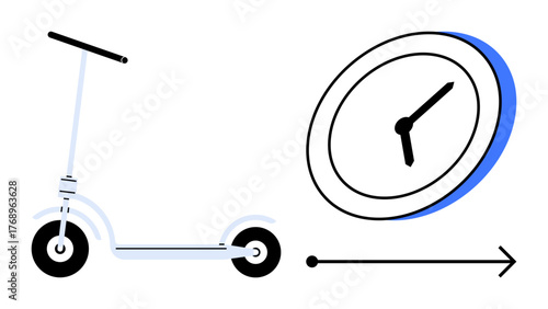 Minimalist scooter next to a clock angled forward with an arrow symbolizing time-saving, efficiency, modern mobility, sustainable transport, speed, smart commuting, and timely solutions a simple flat