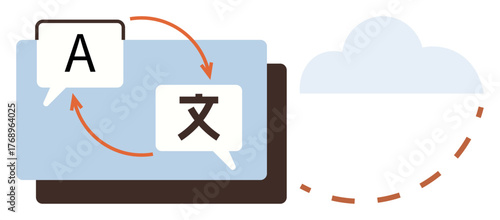 Speech bubbles with letters and arrows symbolize language translation, supported by cloud connectivity. Ideal for communication, multilingual platforms, digital tools, global outreach, translation