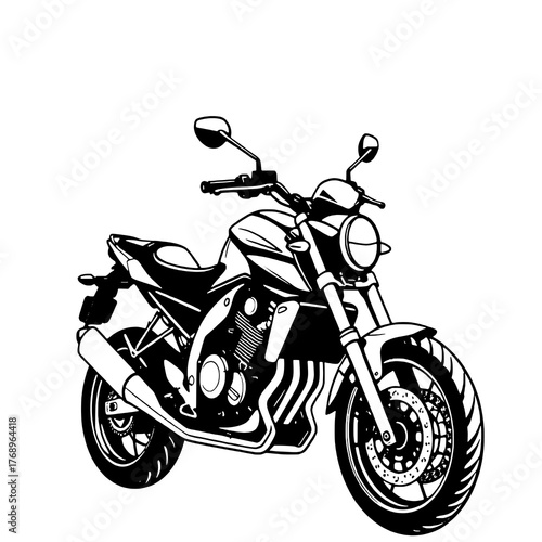High-Contrast Black and White Vector Illustration of a Modern Street Motorcycle in Three-Quarter Frontal View on a Pure White Background