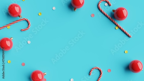 Flat lay Christmas decorations on blue background. 3d rendering 