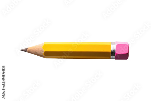 Short yellow pencil with pink eraser isolated on transparent background for drawing