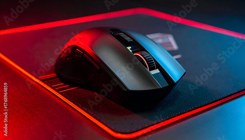Close-up of a sleek black wireless gaming mouse with a red scroll wheel on an illuminated mouse pad with red and blue LED lighting.