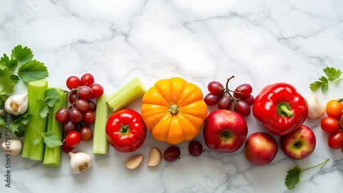 A variety of fresh vegetables and fruits arranged on a table. Includes green beans, celery, garlic, tomatoes, pumpkin, grapes, apples, and peppers. Perfect for healthy lifestyle, organic food, and coo