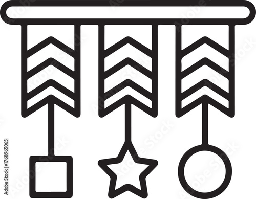 Simple outline icon of a baby crib mobile with geometric shapes