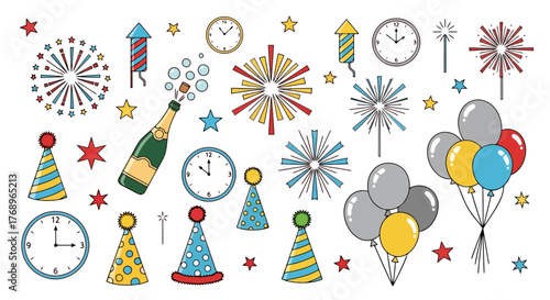 Festive New Year's Eve Celebration Illustration Featuring Fireworks, Champagne, Balloons, and Party Hats for Holiday-Themed Designs and Greeting Cards