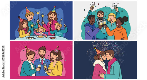 Festive Celebrations and Joyful Gatherings Depicted in a Collection of Cartoon Style Illustrations, Ideal for Holiday Greetings, Event Invitations, and Social Media Marketing Campaigns