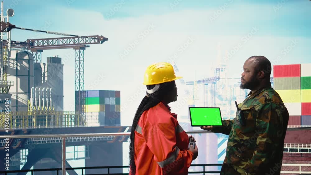 Security Guard Rig Chroma key tablet used by soldier on offshore platform deck talking ...