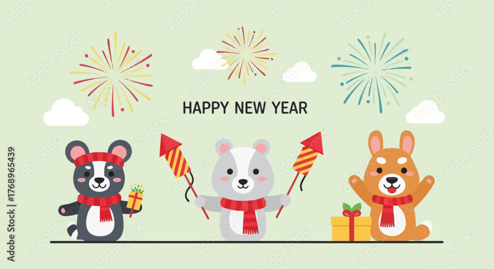 Obraz premium Festive Lunar New Year Celebration with Cartoon Animals, Fireworks, and Gift Boxes for Holiday Greetings and Cultural Events.