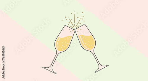 Minimalist Toasting Champagne Glasses Illustration with Sparkling Effervescence and Pastel Background. Ideal for Party Invitations, Celebratory Events, or Festive Graphic Design Projects.