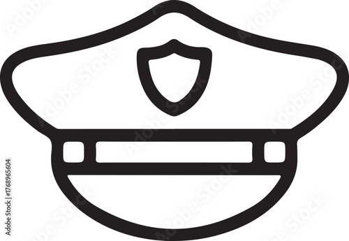 Simple line art icon of a police officer s hat with shield emblem