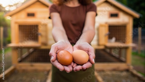 A person holds two eggs in front of chicken coops, showcasing a connection to farming and fresh produce.