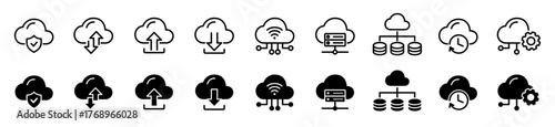 Cloud services icon set. Cloud computing, storage, data transfer and more. Vector illustration.