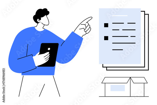 Person analyzing checklist with key tasks, holding tablet, pointing at priorities, documents stacked, box below. Ideal for task management, productivity, shipping, planning delivery workflow